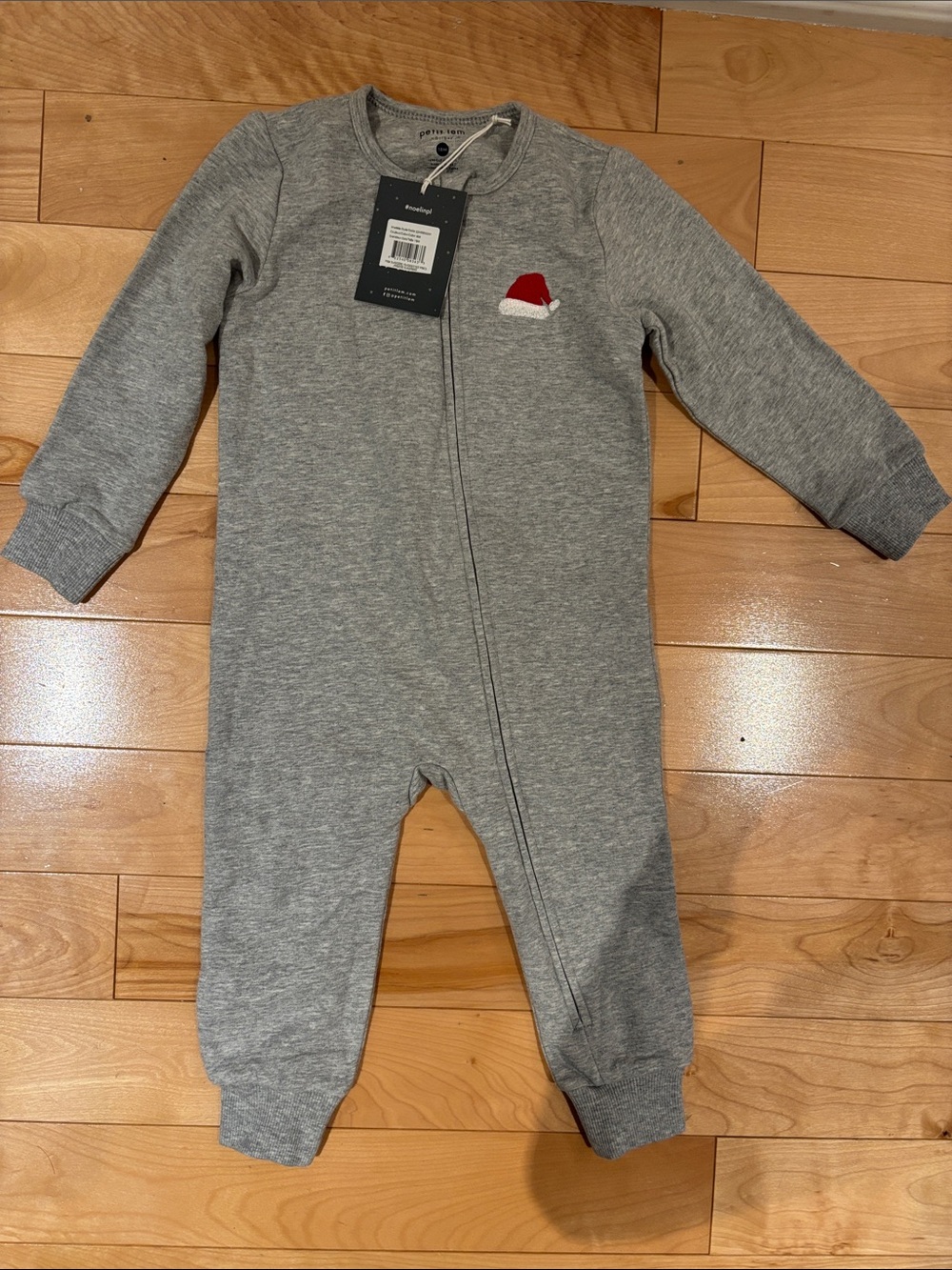 BNWT 18m Petit Lem Gray Footie with Red Santa Hat Accent